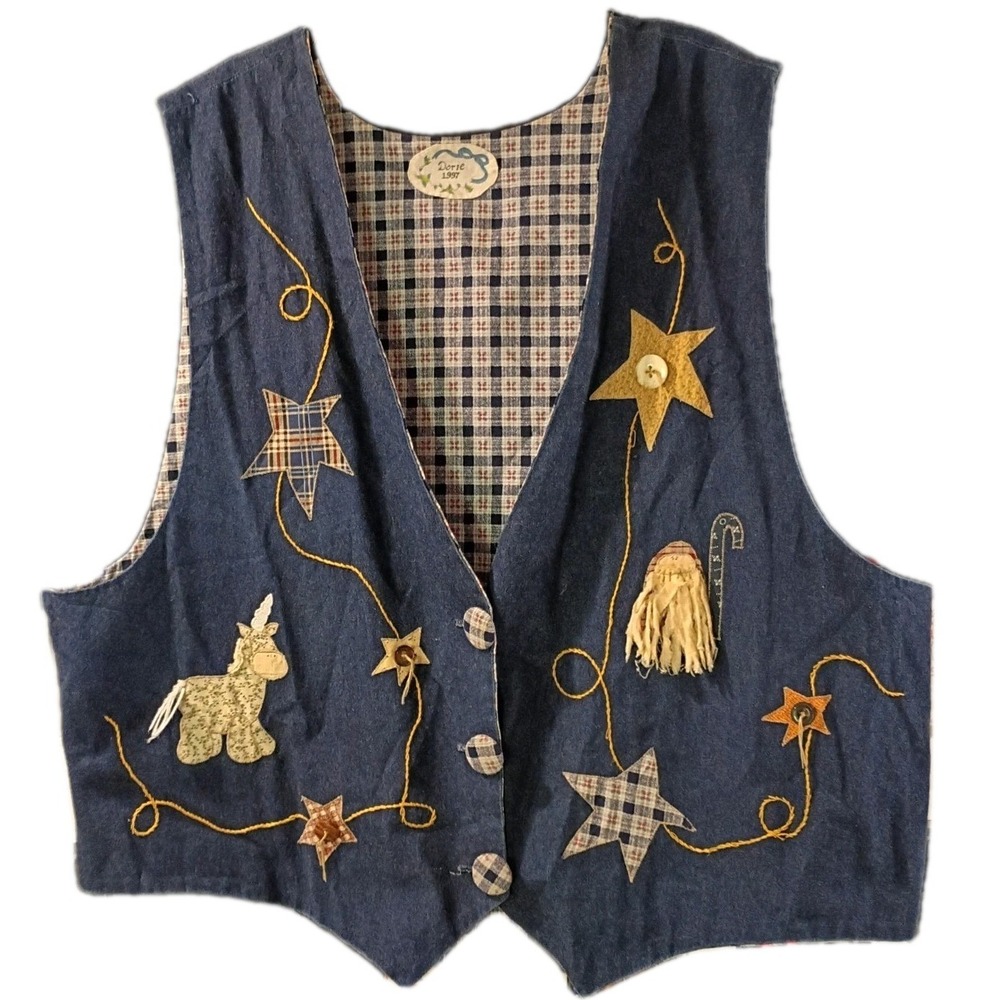 VTG Dorie 1997 Handmade Denim Inspired Noah's Ark Angel Vest With Buttons